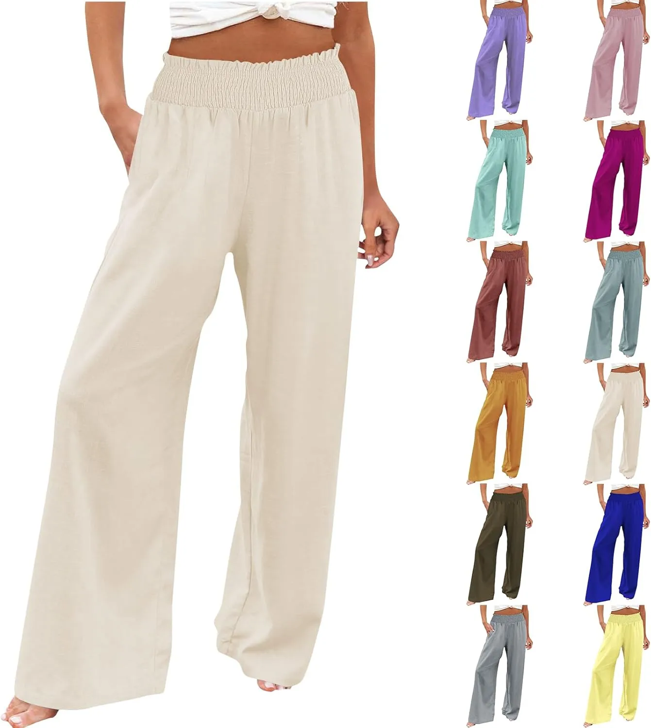 Womens Linen Pants 2025 Summer Casual Loose Wide Leg Palazzo Pants High Waist Flowy Beach Trousers Outfits