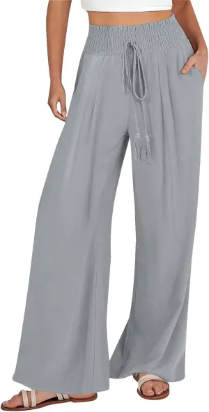 Womens Linen Pants 2025 Summer Casual Wide Leg Palazzo Pants Drawstring Smocked Waist Flowy Beach Trousers Outfits