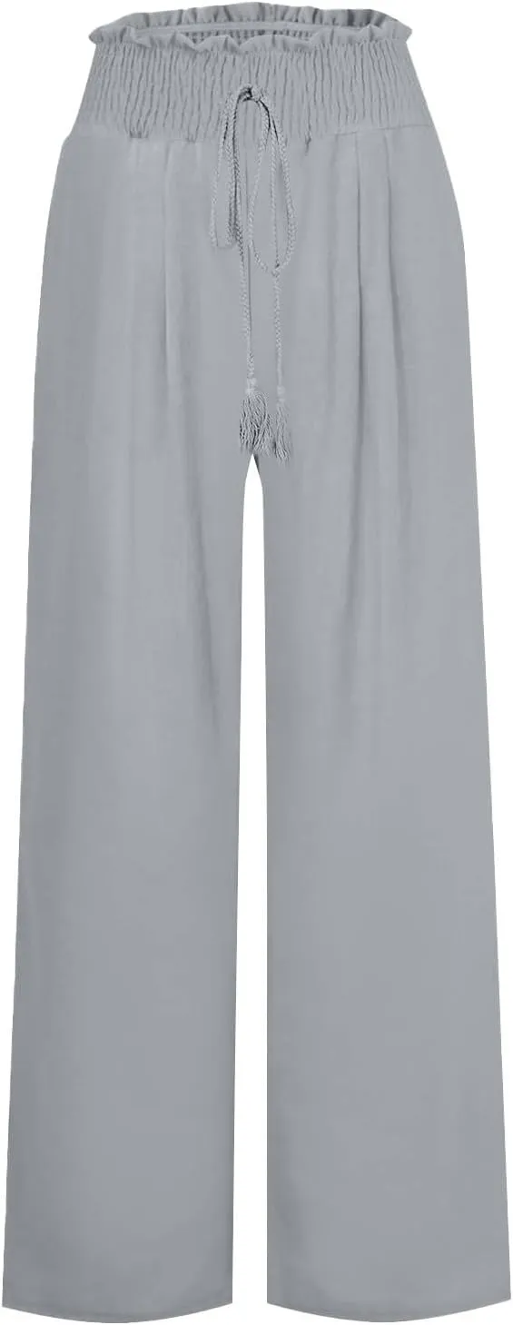 Womens Linen Pants 2025 Summer Casual Wide Leg Palazzo Pants Drawstring Smocked Waist Flowy Beach Trousers Outfits