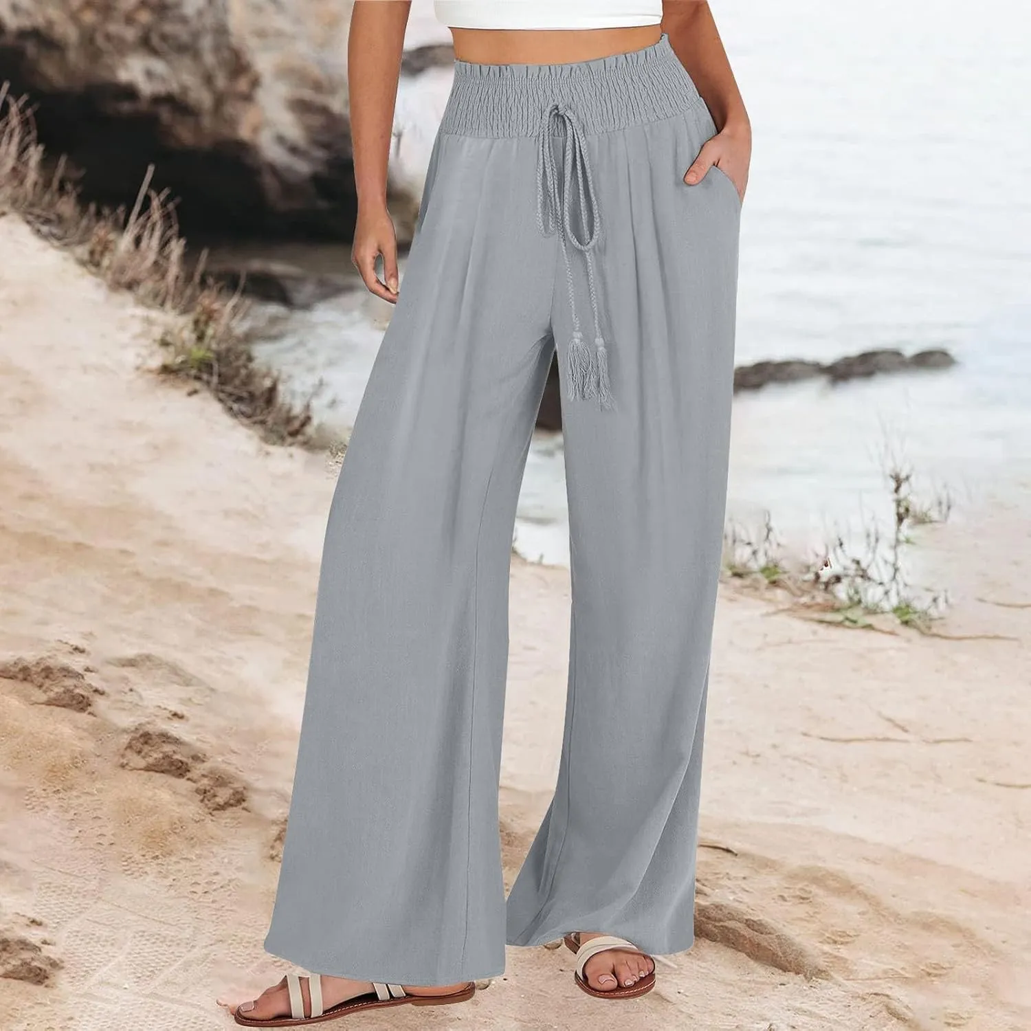Womens Linen Pants 2025 Summer Casual Wide Leg Palazzo Pants Drawstring Smocked Waist Flowy Beach Trousers Outfits