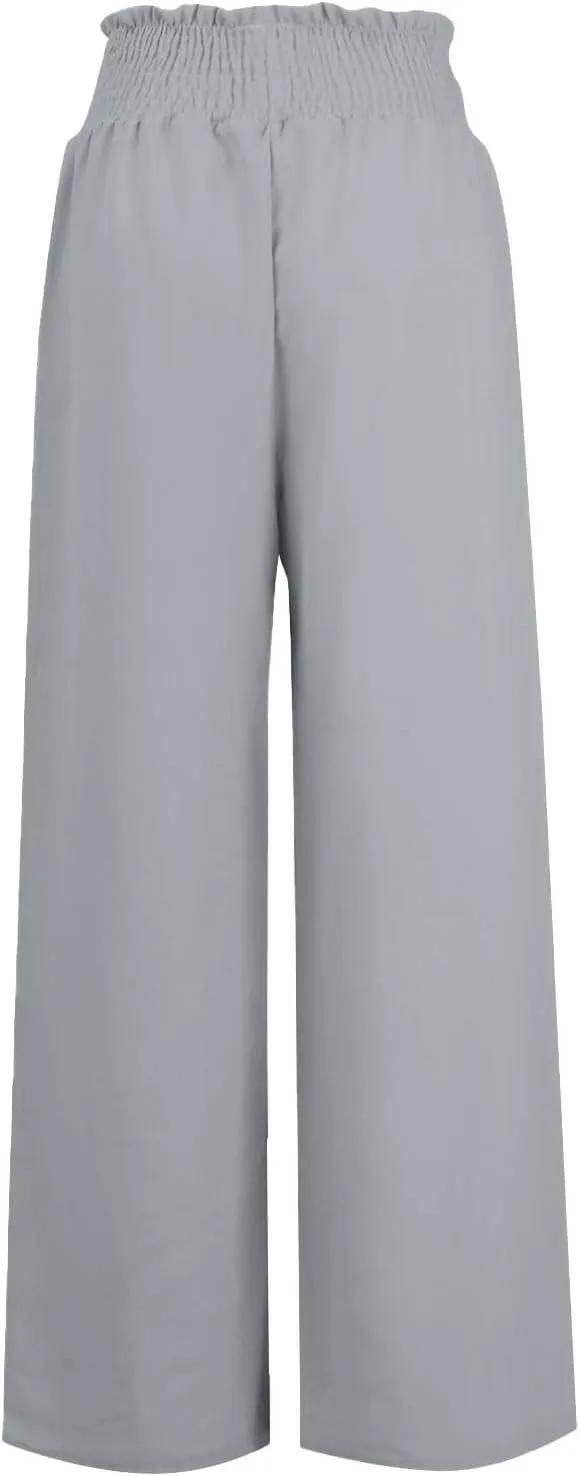 Womens Linen Pants 2025 Summer Casual Wide Leg Palazzo Pants Drawstring Smocked Waist Flowy Beach Trousers Outfits