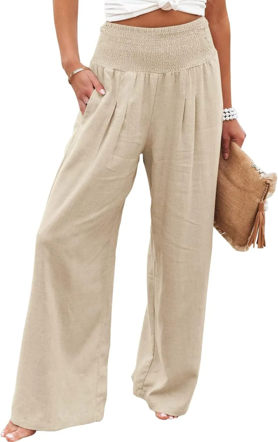 Womens Linen Pants Smocked High Waist Flowy Beach Trousers Outfits 2025 Summer Casual Loose Wide Leg Palazzo Long Pants