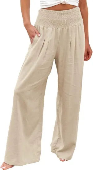 Womens Linen Pants Smocked High Waist Flowy Beach Trousers Outfits 2025 Summer Casual Loose Wide Leg Palazzo Long Pants