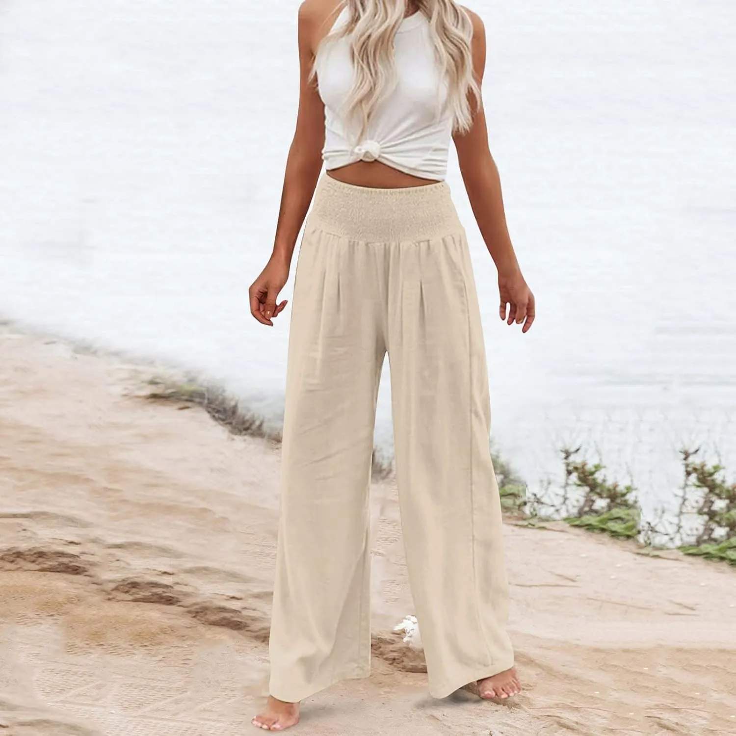 Womens Linen Pants Smocked High Waist Flowy Beach Trousers Outfits 2025 Summer Casual Loose Wide Leg Palazzo Long Pants