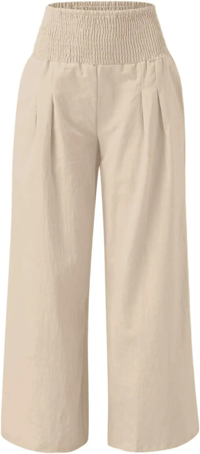 Womens Linen Pants Smocked High Waist Flowy Beach Trousers Outfits 2025 Summer Casual Loose Wide Leg Palazzo Long Pants