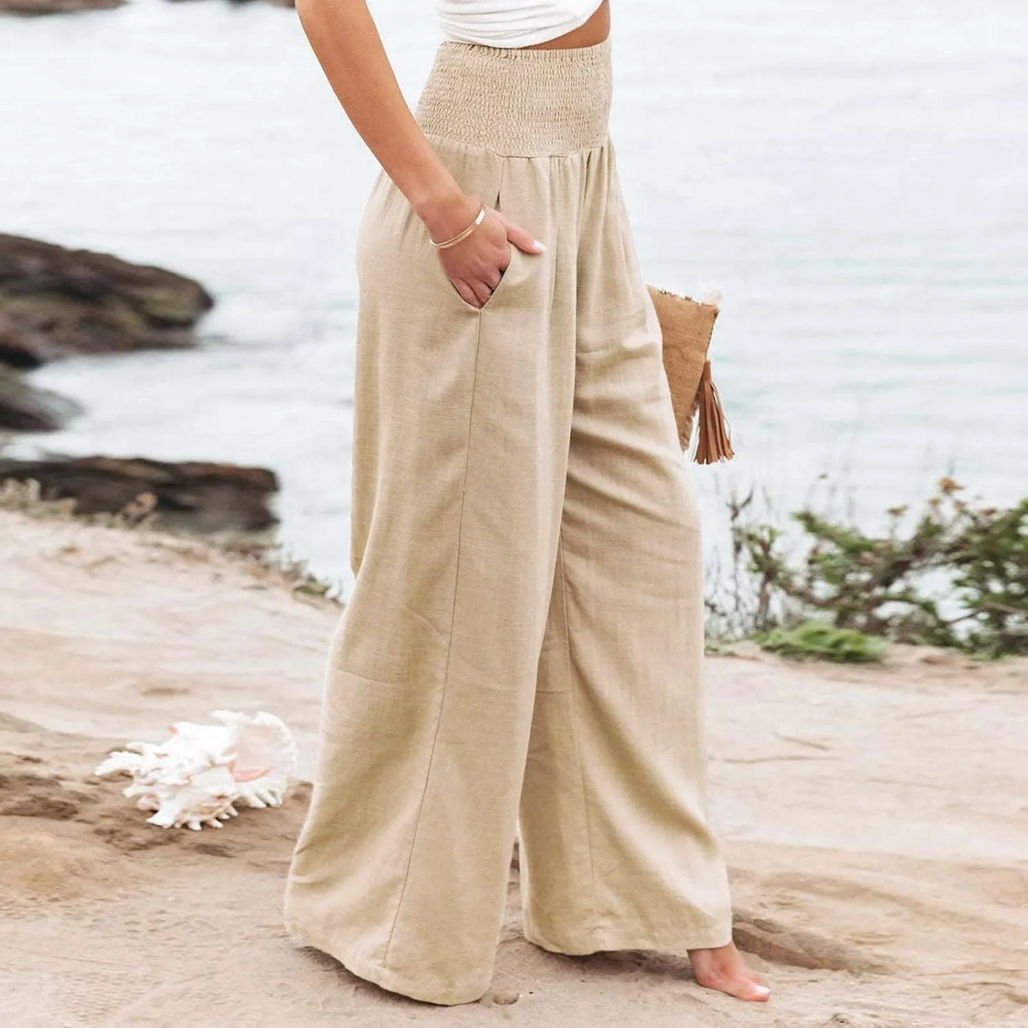 Womens Linen Pants Smocked High Waist Flowy Beach Trousers Outfits 2025 Summer Casual Loose Wide Leg Palazzo Long Pants