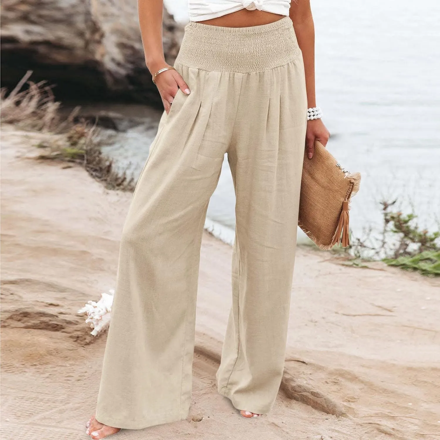 Womens Linen Pants Smocked High Waist Flowy Beach Trousers Outfits 2025 Summer Casual Loose Wide Leg Palazzo Long Pants