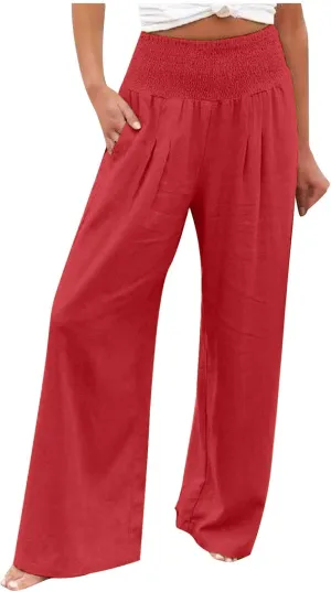 Womens Linen Pants Wide Leg Casual High Waist Solid Color Sports Pants Cotton Linen Summer Trousers with Pockets