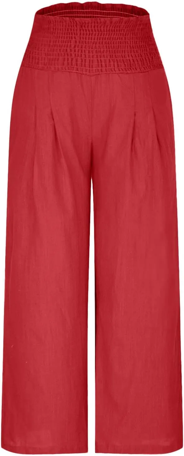 Womens Linen Pants Wide Leg Casual High Waist Solid Color Sports Pants Cotton Linen Summer Trousers with Pockets