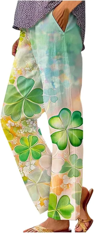 Womens Linen Pants with Pockets Stylish Floral Print Cropped Pants Summer High Waisted Straight Leg Trousers 2025
