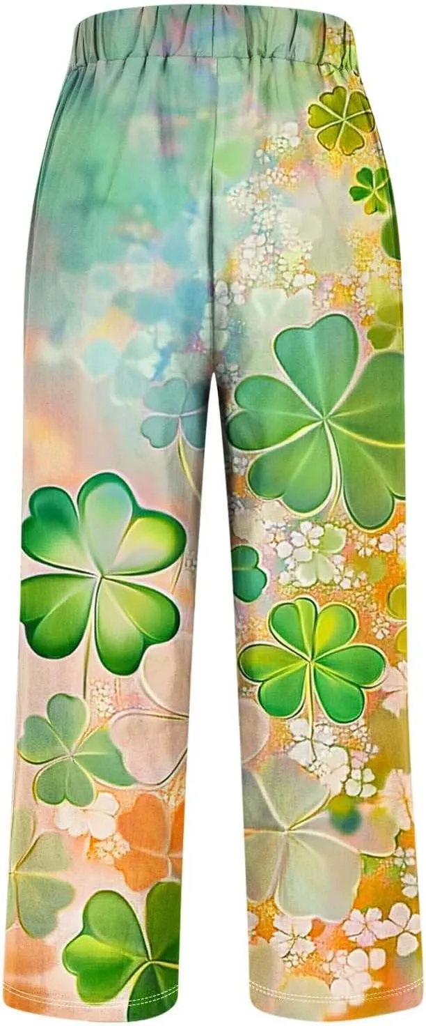 Womens Linen Pants with Pockets Stylish Floral Print Cropped Pants Summer High Waisted Straight Leg Trousers 2025