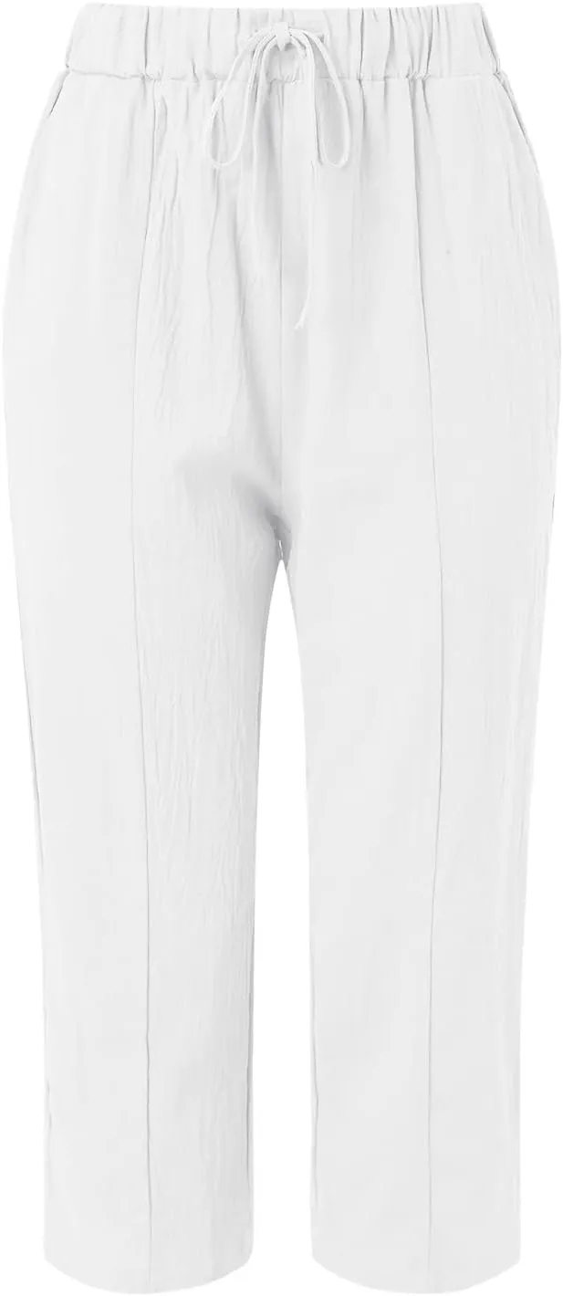 Womens Linen Pants Women High Waist Drawstring Wide Leg Cropped Pants Lightweight Vacation Beach Trousers with Pockets