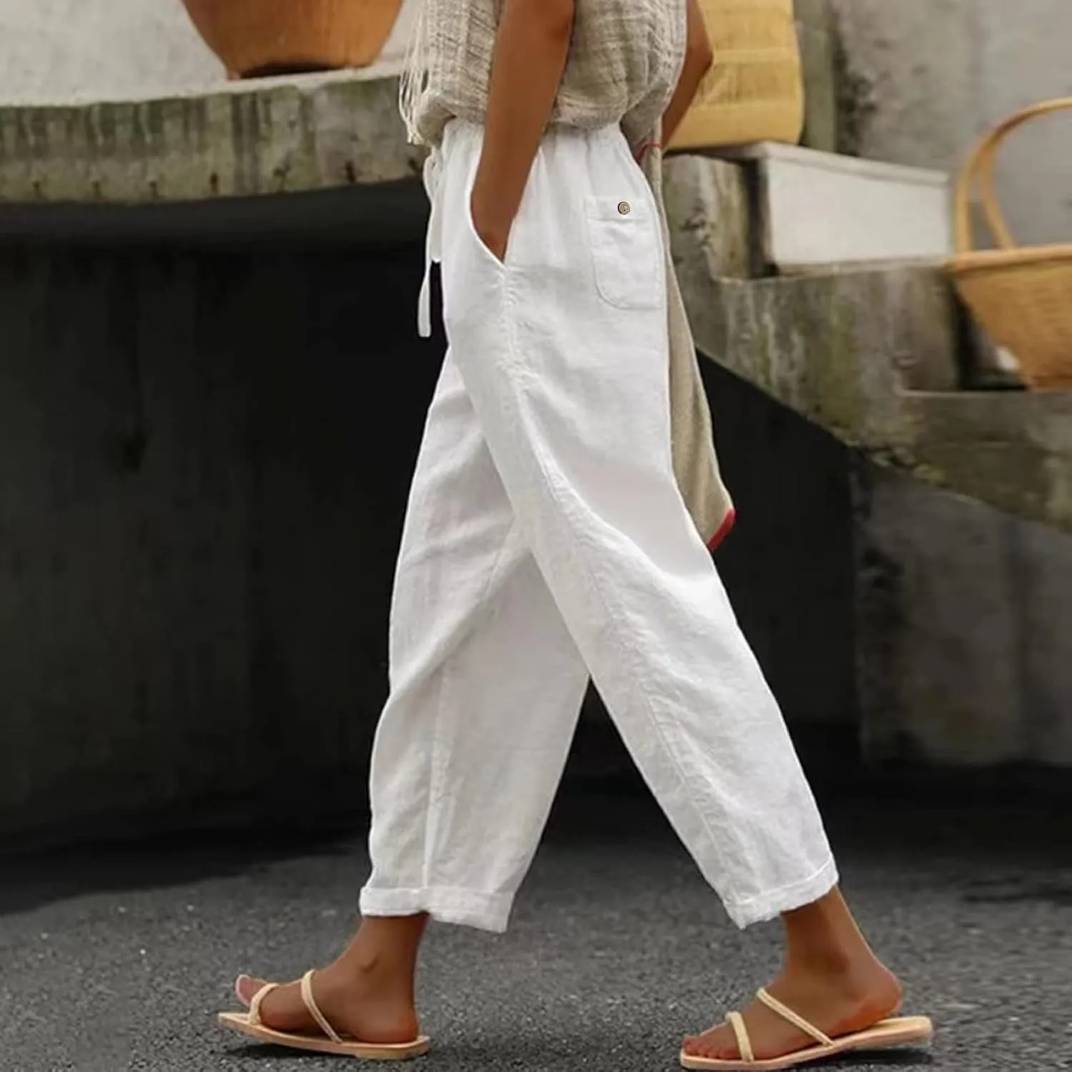 Womens Linen Pants Women High Waist Drawstring Wide Leg Cropped Pants Lightweight Vacation Beach Trousers with Pockets