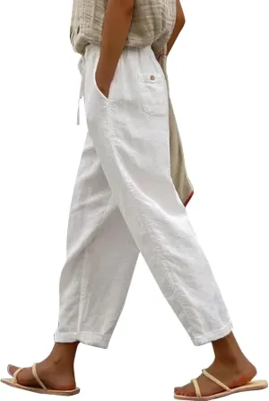 Womens Linen Pants Women High Waist Drawstring Wide Leg Cropped Pants Lightweight Vacation Beach Trousers with Pockets