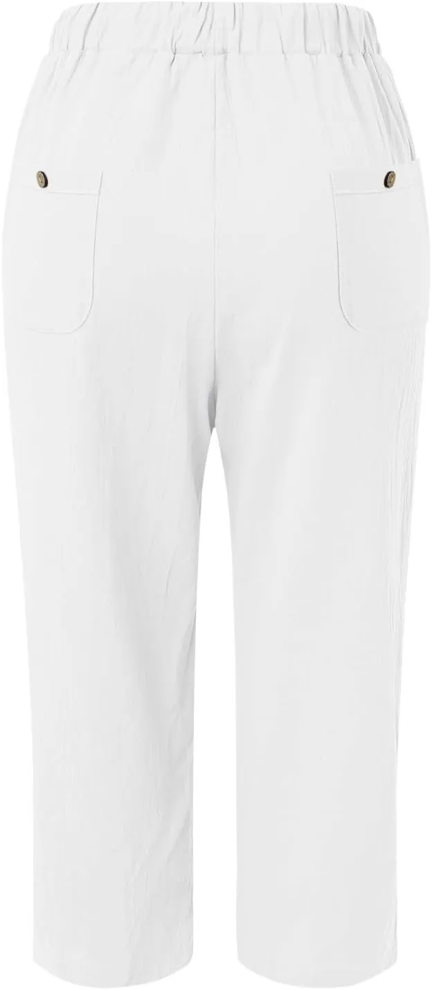 Womens Linen Pants Women High Waist Drawstring Wide Leg Cropped Pants Lightweight Vacation Beach Trousers with Pockets