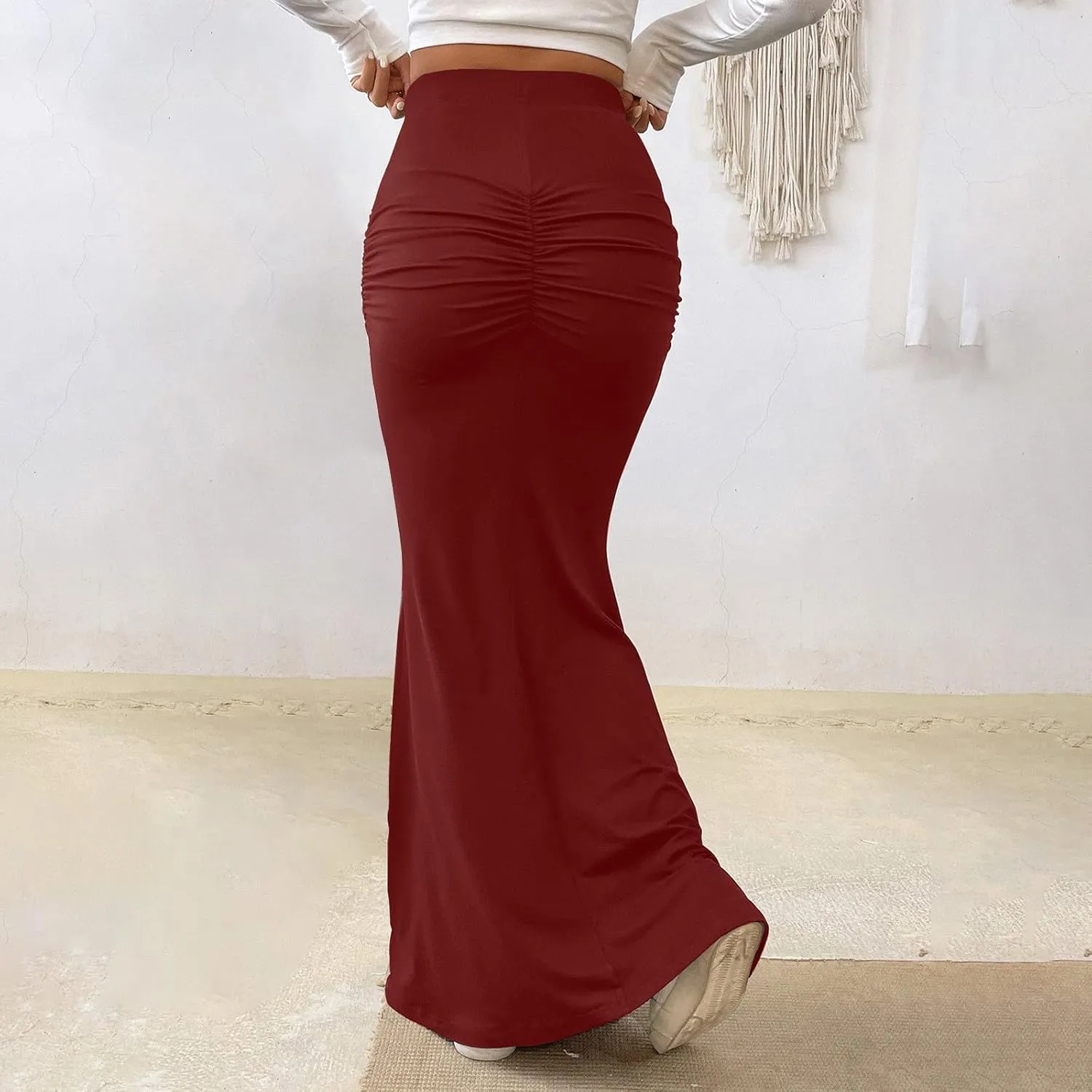 Womens Maxi Long Pencil Skirt High Waisted Stretch Ruched Fishtail Bodycron Elastic Waistband Casual Skirts