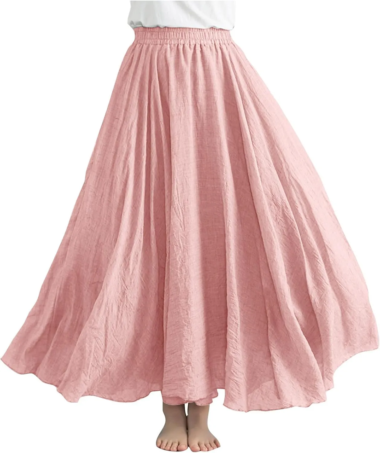 Womens Maxi Skirts Summer Boho Solid Beach Elastic High Waist Pleated A-Line Flowy Solid Color Swing Long Maxi Skirt