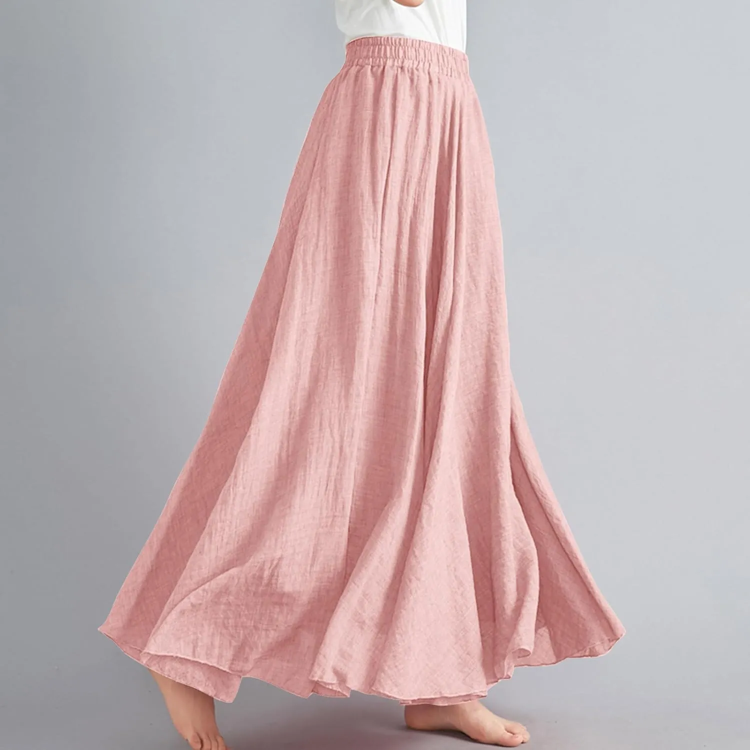 Womens Maxi Skirts Summer Boho Solid Beach Elastic High Waist Pleated A-Line Flowy Solid Color Swing Long Maxi Skirt