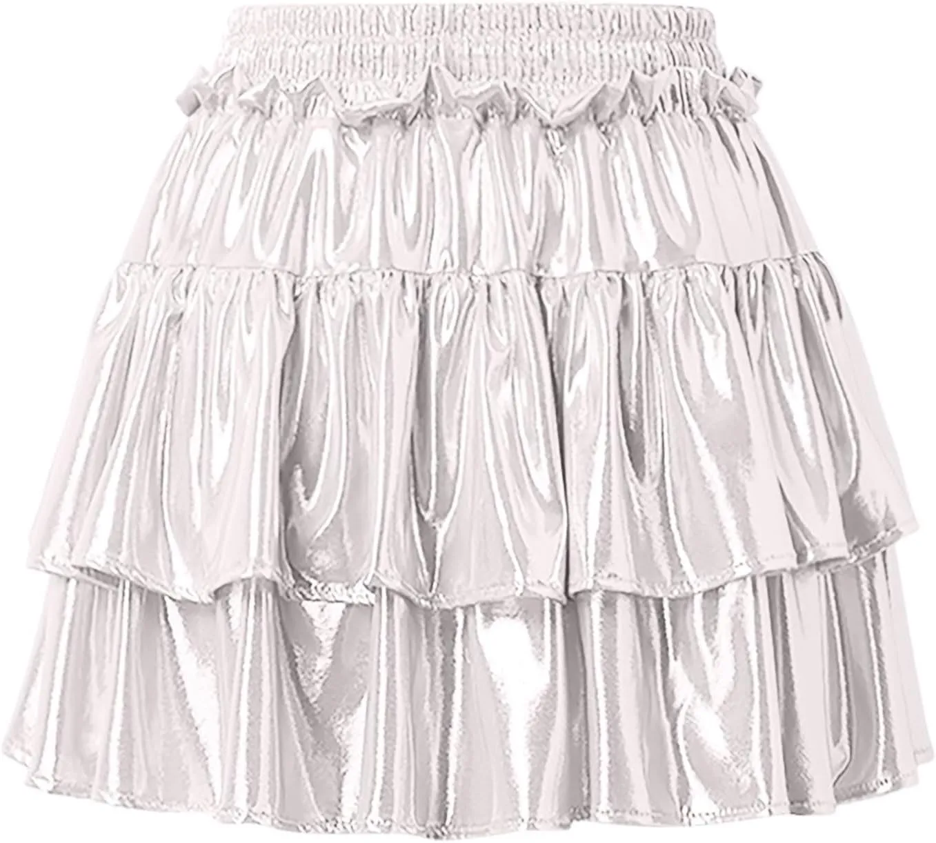 Womens Metallic Skirt Shiny Flared Pleated Skirt Layered Ruffle Hem Mini Skirt Christmas Rave Midi Skirts for Women 011