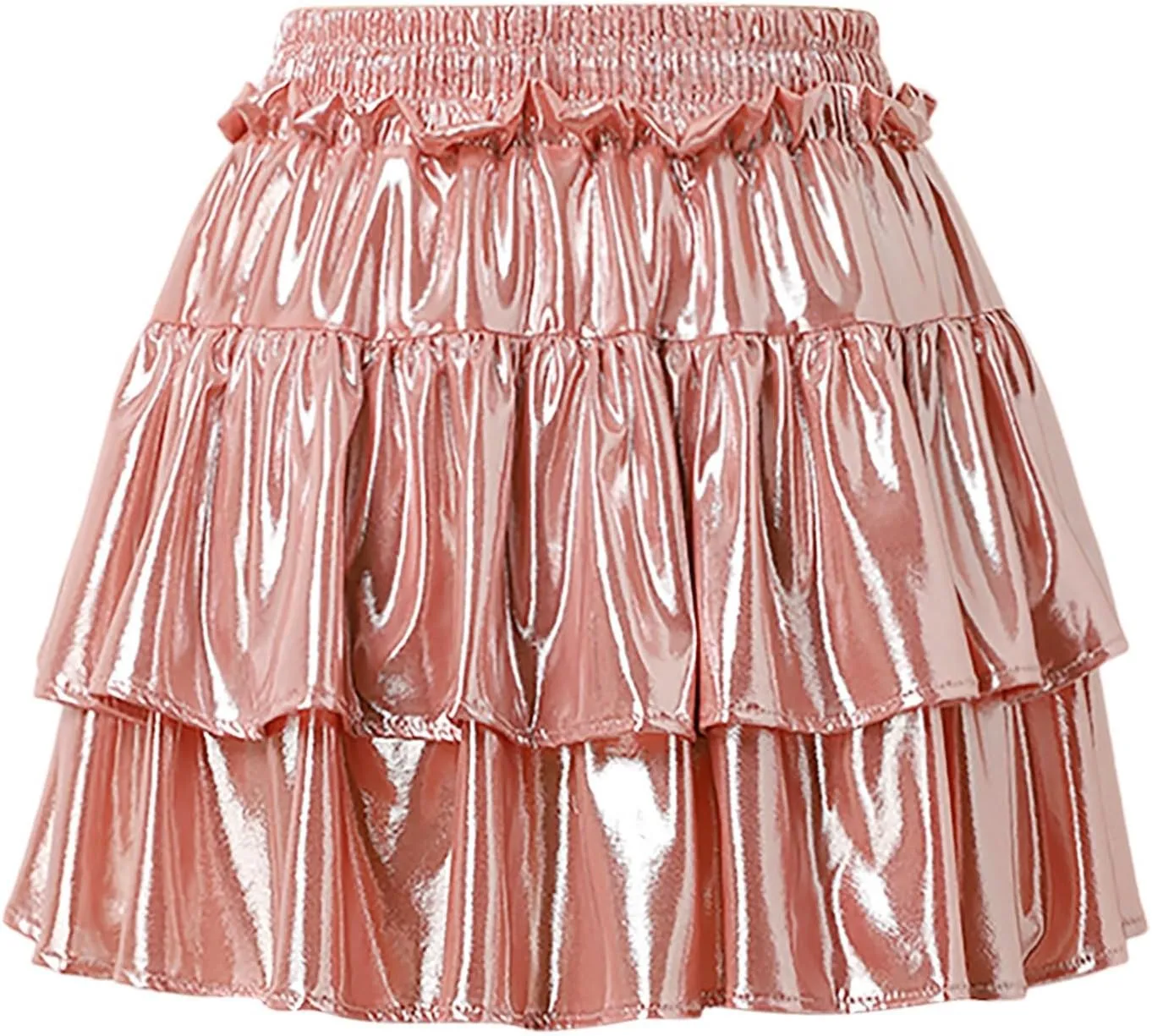 Womens Metallic Skirt Shiny Flared Pleated Skirt Layered Ruffle Hem Mini Skirt Christmas Rave Midi Skirts for Women 011