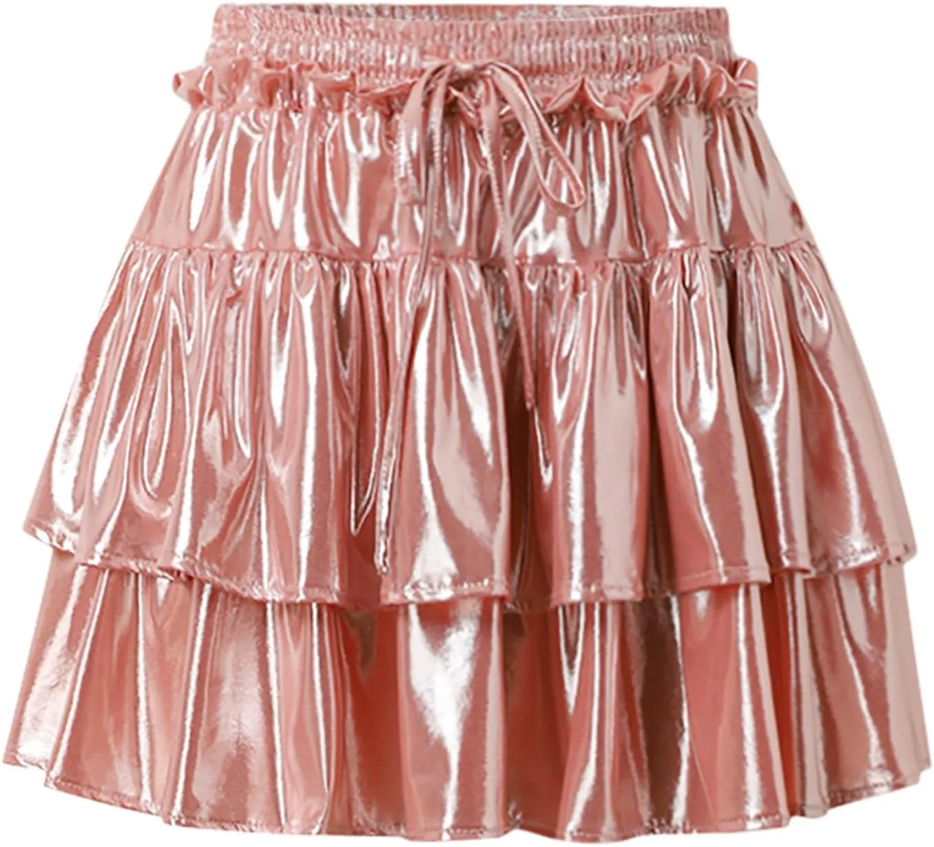 Womens Metallic Skirt Shiny Flared Pleated Skirt Layered Ruffle Hem Mini Skirt Christmas Rave Midi Skirts for Women 011