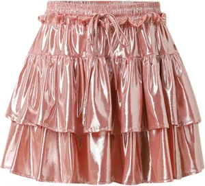 Womens Metallic Skirt Shiny Flared Pleated Skirt Layered Ruffle Hem Mini Skirt Christmas Rave Midi Skirts for Women 011