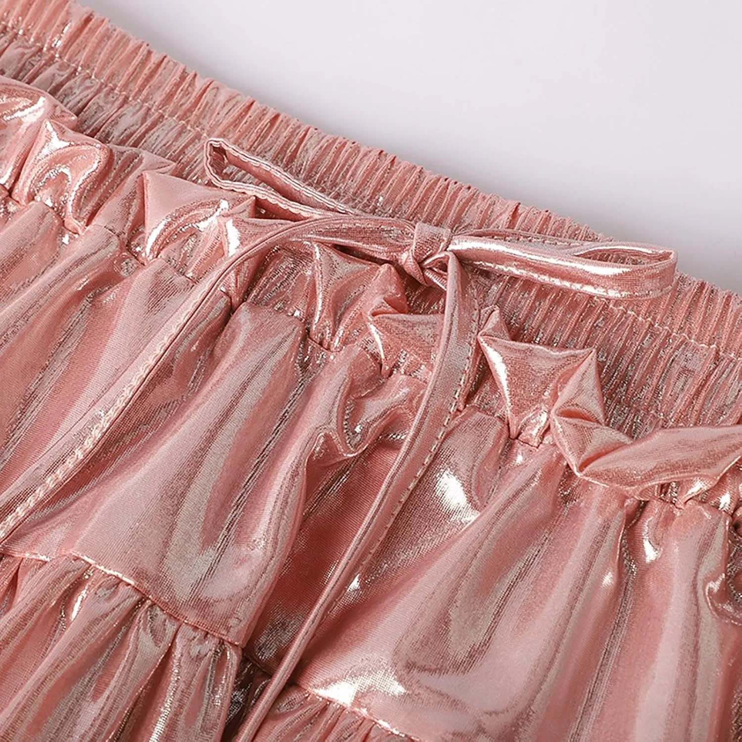 Womens Metallic Skirt Shiny Flared Pleated Skirt Layered Ruffle Hem Mini Skirt Christmas Rave Midi Skirts for Women 011