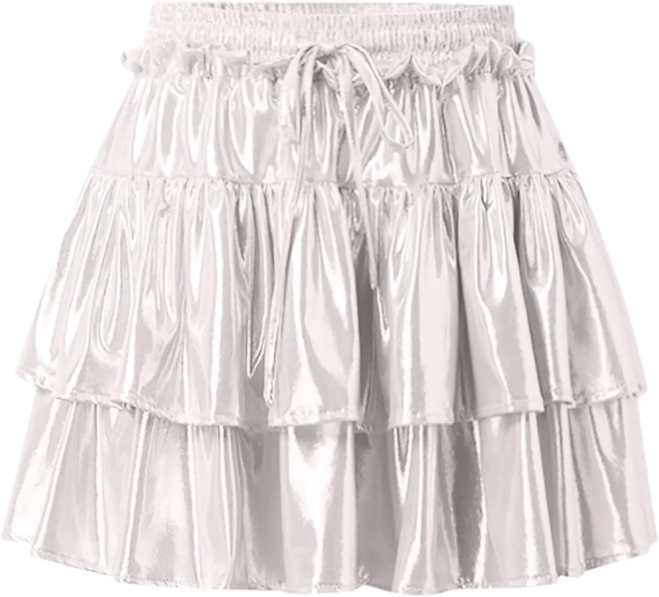 Womens Metallic Skirt Shiny Flared Pleated Skirt Layered Ruffle Hem Mini Skirt Christmas Rave Midi Skirts for Women 011