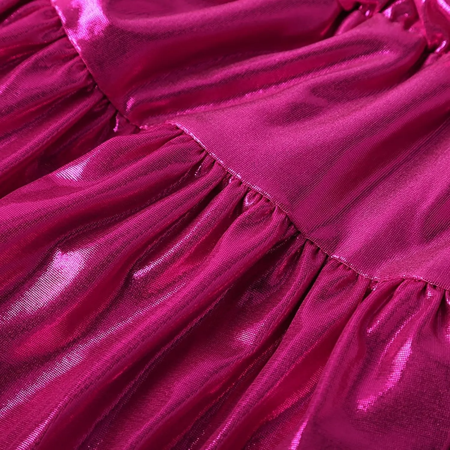 Womens Metallic Skirt Shiny Flared Pleated Skirt Layered Ruffle Hem Mini Skirt Halloween Christmas Rave Midi Skirt
