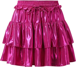 Womens Metallic Skirt Shiny Flared Pleated Skirt Layered Ruffle Hem Mini Skirt Halloween Christmas Rave Midi Skirt