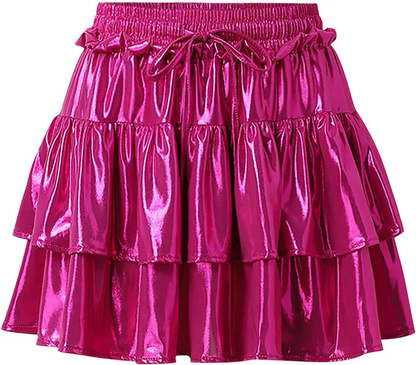 Womens Metallic Skirt Shiny Flared Pleated Skirt Layered Ruffle Hem Mini Skirt Halloween Christmas Rave Midi Skirt