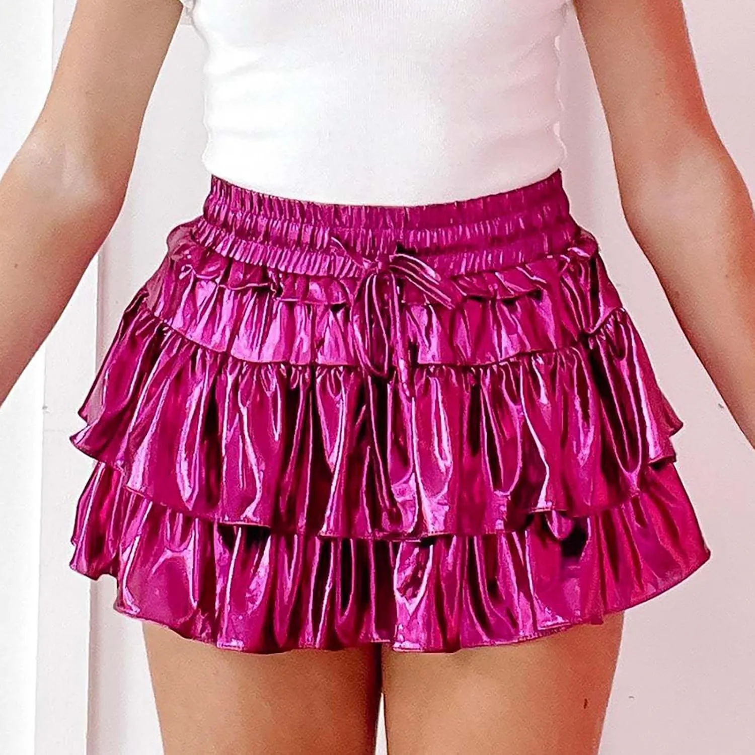 Womens Metallic Skirt Shiny Flared Pleated Skirt Layered Ruffle Hem Mini Skirt Halloween Christmas Rave Midi Skirt