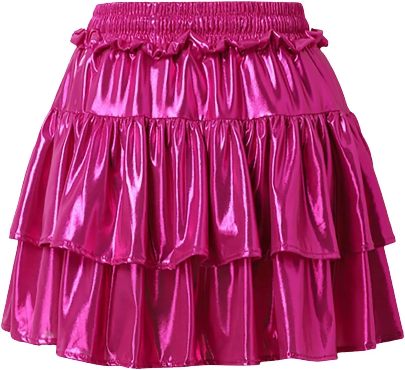 Womens Metallic Skirt Shiny Flared Pleated Skirt Layered Ruffle Hem Mini Skirt Halloween Christmas Rave Midi Skirt