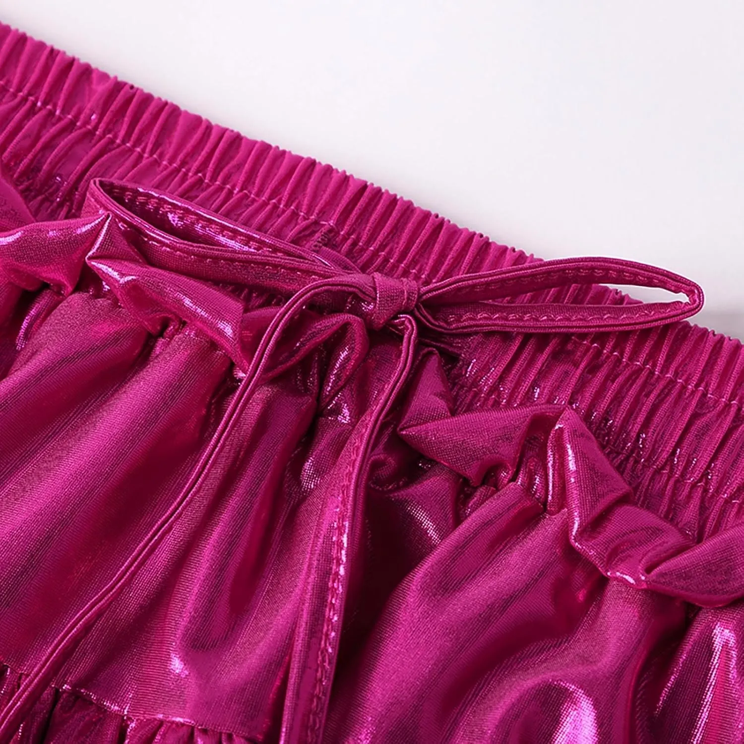 Womens Metallic Skirt Shiny Flared Pleated Skirt Layered Ruffle Hem Mini Skirt Halloween Christmas Rave Midi Skirt