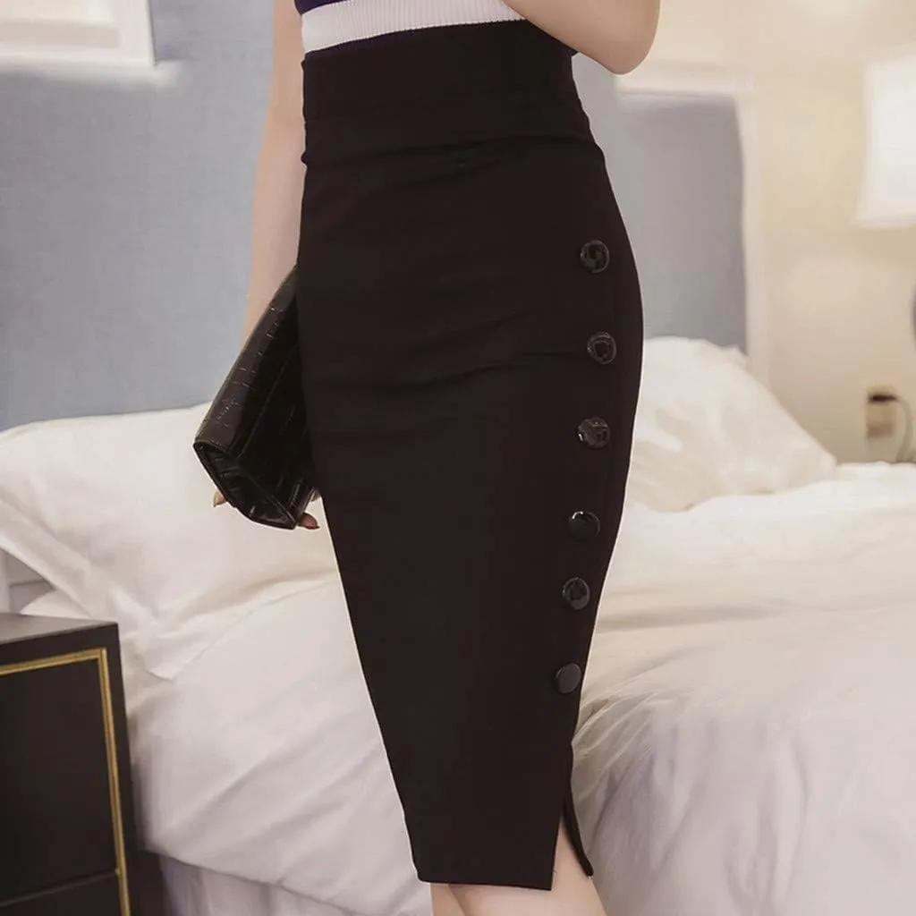 Womens Midi Pencil Skirts 2025 Fashion High Waisted Side Button Slit Hem Bodycon Business Work Skirt for Party