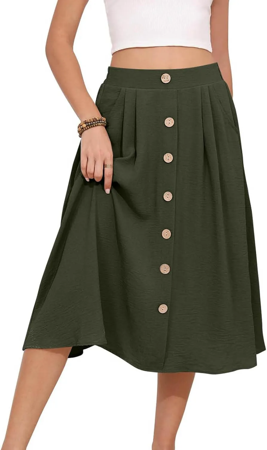 Womens Midi Skirts Button Front Casual Summer Skirt High Waisted A Line Work Skirts Flowy Beach Skirts with Pockets