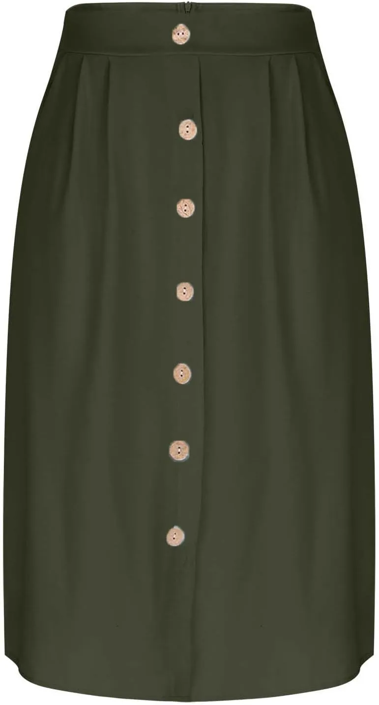 Womens Midi Skirts Button Front Casual Summer Skirt High Waisted A Line Work Skirts Flowy Beach Skirts with Pockets
