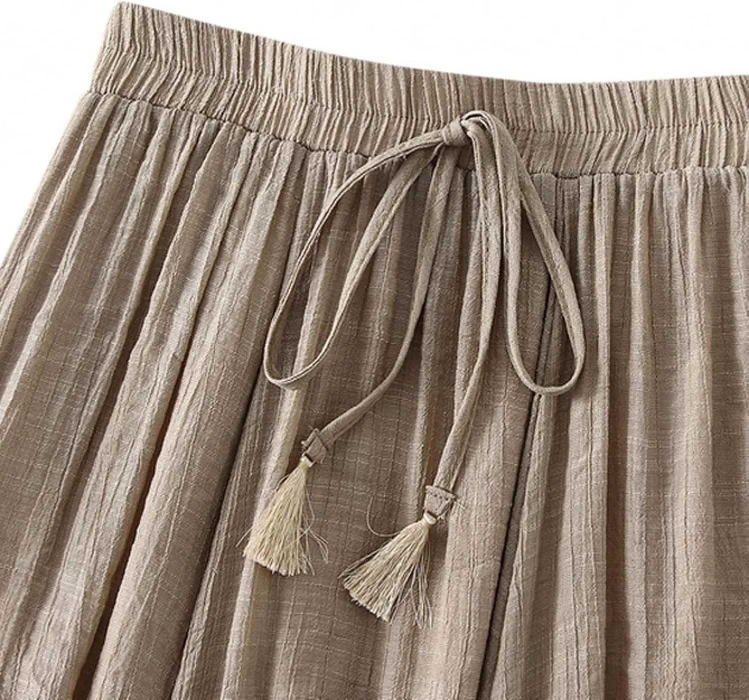 Womens Midi Tie Front Drawstring Skirt Solid Color Casual A-Line Skirts Loose Elastic Waist Pleated Fashion Skirt