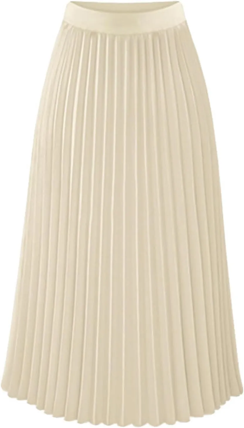 Womens Pleated Midi Skirts Elastic High Waist Dressy Casual Solid Color A-Line Flowy Swing Chiffon Skirts