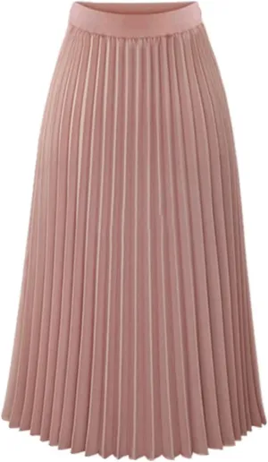 Womens Pleated Midi Skirts Elastic High Waist Dressy Casual Solid Color A-Line Flowy Swing Chiffon Skirts