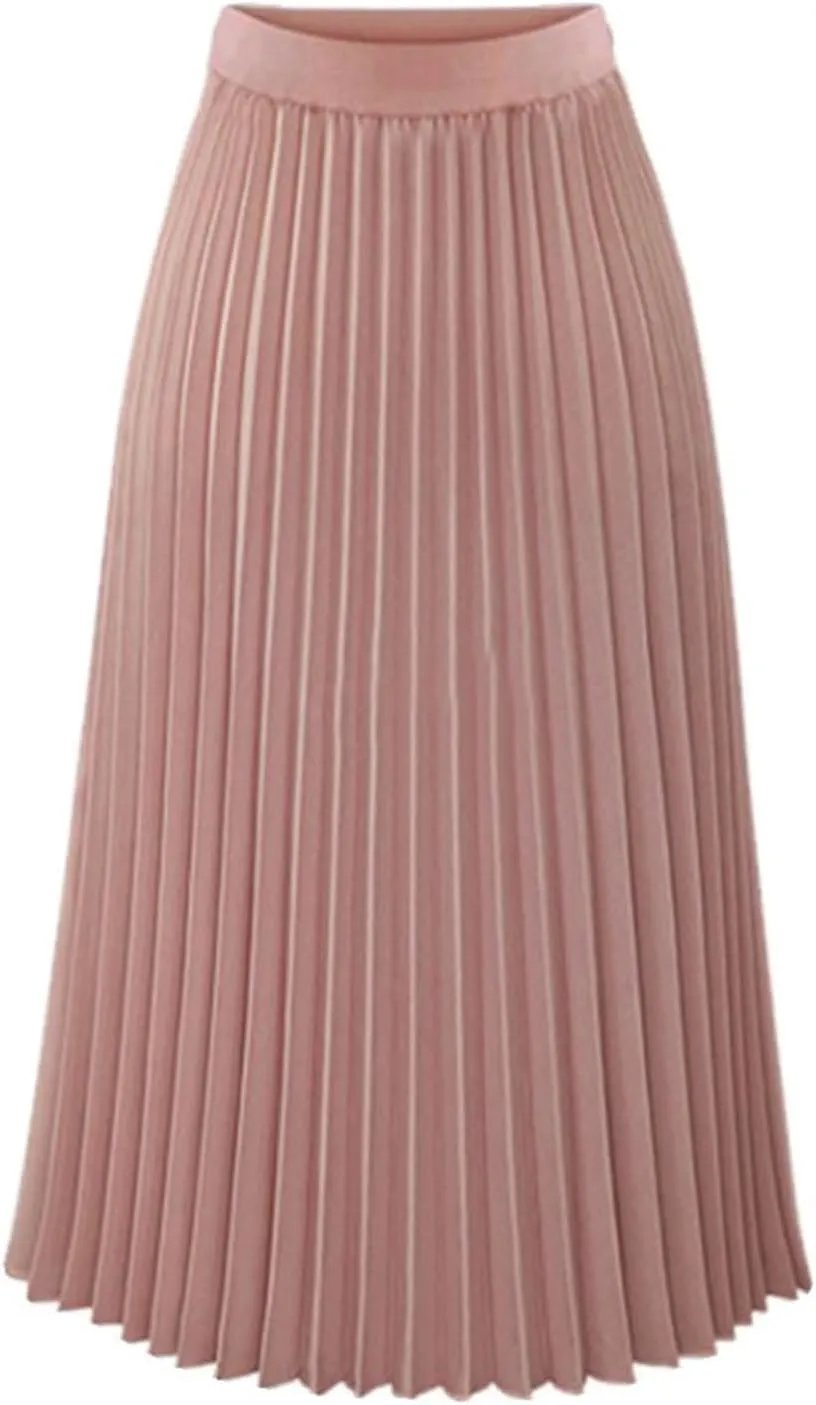 Womens Pleated Midi Skirts Elastic High Waist Dressy Casual Solid Color A-Line Flowy Swing Chiffon Skirts