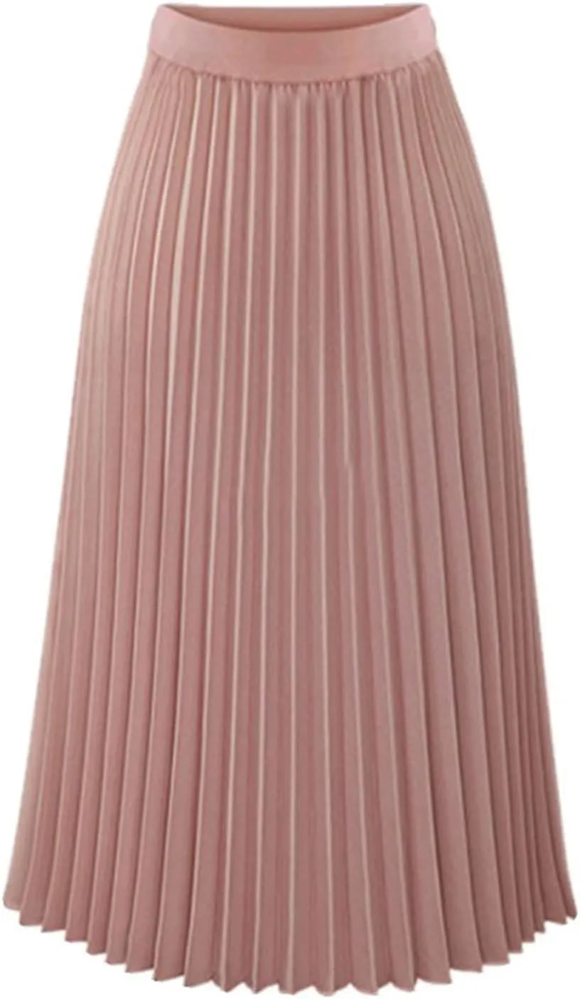 Womens Pleated Midi Skirts Elastic High Waist Dressy Casual Solid Color A-Line Flowy Swing Chiffon Skirts