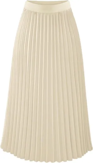 Womens Pleated Midi Skirts Elastic High Waist Dressy Casual Solid Color A-Line Flowy Swing Chiffon Skirts
