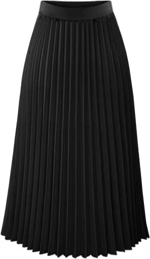 Womens Pleated Midi Skirts Elastic High Waist Dressy Casual Solid Color A-Line Flowy Swing Chiffon Skirts