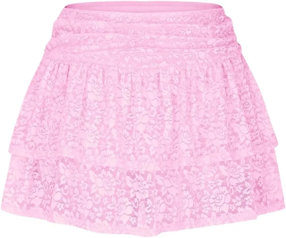 Women's Pleated Mini Skirt Layered Cake Short Skirts Fashion Travel Skirts Solid Comfy Skirts Sexy Lace Skirts