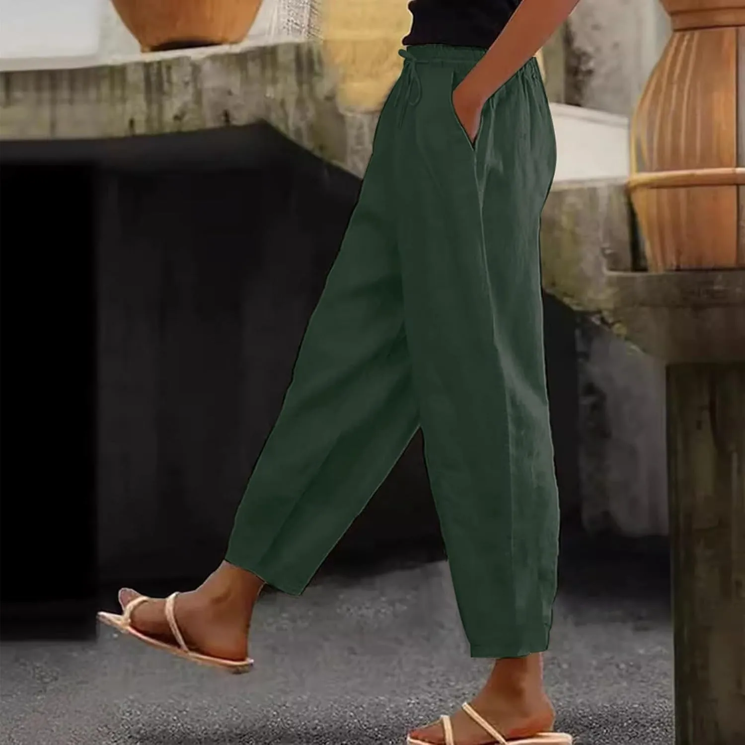 Womens Plus Size Linen Pants Summer High Waisted Wide Leg Pants Lightweight Baggy Boho Beach Lounge Trousers Pockets