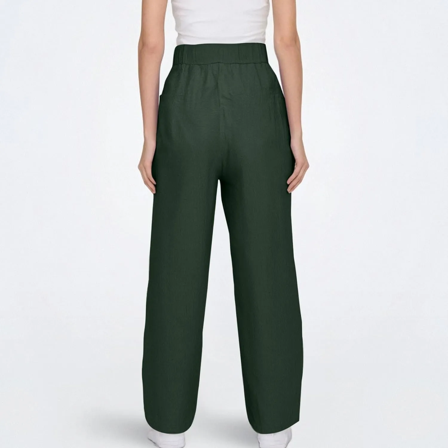 Womens Plus Size Linen Pants Summer High Waisted Wide Leg Pants Lightweight Baggy Boho Beach Lounge Trousers Pockets
