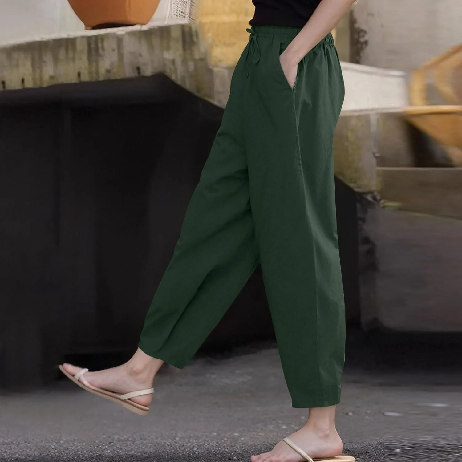 Womens Plus Size Linen Pants Summer High Waisted Wide Leg Pants Lightweight Baggy Boho Beach Lounge Trousers Pockets