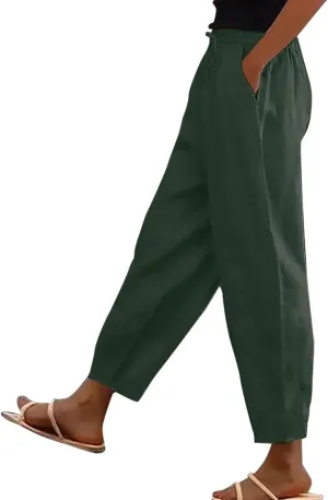 Womens Plus Size Linen Pants Summer High Waisted Wide Leg Pants Lightweight Baggy Boho Beach Lounge Trousers Pockets