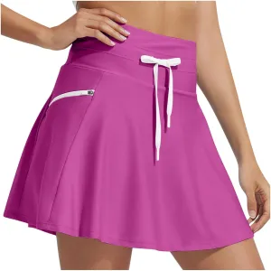 Women's Quick-Drying Underskirt Zipper Drawstring Tie-up High Waist Pleated Plain A Line Short Mini Skirts